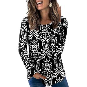 imageLONGYUAN Womens Long Sleeve Tops 2025 Fall Casual Tunic Stretchy Loose TShirts Basic BlouseFloral Bw Grain1