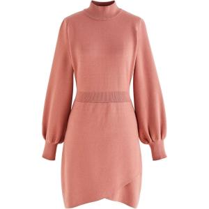 imageCHICWISH Womens CoralLight TanBlack Mock Neck Bubble Sleeves Cross Hem Knit Midi DressCoral
