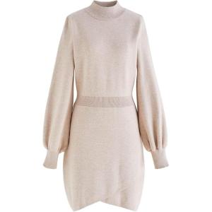 imageCHICWISH Womens CoralLight TanBlack Mock Neck Bubble Sleeves Cross Hem Knit Midi DressLight Tan