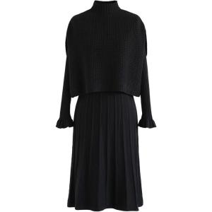 imageCHICWISH Womens CreamApricotBlackTealMint Mock Neck Pleated Knit Twinset DressBlack