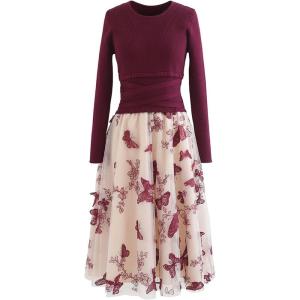 imageCHICWISH Womens Red 3D Butterfly Mesh Spliced Knit Midi DressRed