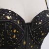 imageCHICWISH Women Golden Stars Print Bustier Top Push Up Croset Top Underwire Bra Going Out Holiday Party Crop TopsBlack