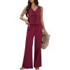 imageCHICWISH Women 2 Piece Outfits V Neck TieFront Sleeveless Top and Tie String Long Pants Travel Vacation Summer SetsBerry