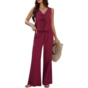 imageCHICWISH Women 2 Piece Outfits V Neck TieFront Sleeveless Top and Tie String Long Pants Travel Vacation Summer SetsBerry