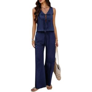 imageCHICWISH Women 2 Piece Outfits V Neck TieFront Sleeveless Top and Tie String Long Pants Travel Vacation Summer SetsNavy