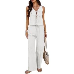 imageCHICWISH Women 2 Piece Outfits V Neck TieFront Sleeveless Top and Tie String Long Pants Travel Vacation Summer SetsWhite