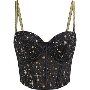 imageCHICWISH Women Golden Stars Print Bustier Top Push Up Croset Top Underwire Bra Going Out Holiday Party Crop TopsBlack