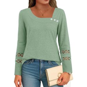 imageDisamer Long Sleeve Shirts for Women Fall Clothes Teacher Outfits 2025 Button Blouses Dressy Casual Square Neck Tunic TopsPure Green
