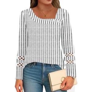 imageDisamer Long Sleeve Shirts for Women Fall Clothes Teacher Outfits 2025 Button Blouses Dressy Casual Square Neck Tunic TopsStriped Gray