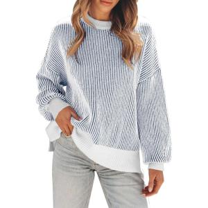 imageDisamer Womens Sweaters 2025 Fall Clothes Batwing Long Sleeve Striped Knit Pullover Tops Fashion Outfits Oversized SweaterPure Blue