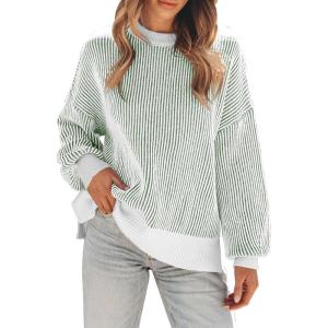 imageDisamer Womens Sweaters 2025 Fall Clothes Batwing Long Sleeve Striped Knit Pullover Tops Fashion Outfits Oversized SweaterPure Green