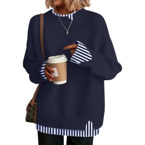 imageDisamer Womens Sweaters Fall Clothes Fashion 2025 Cowboy Chic Knit Cozy Sweater School Teacher Outfits Long Sleeve PulloverStriped Navy Blue