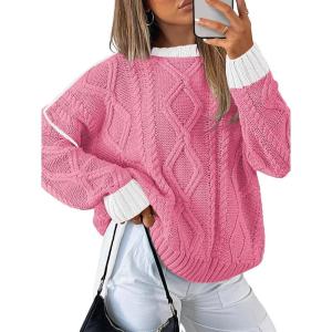 imageDisamer Womens Sweaters Oversized Cable Knit Sweater Fall Clothes 2025 Fashion Outfits Long Sleeve Crewneck Chunky PulloverPure Pink