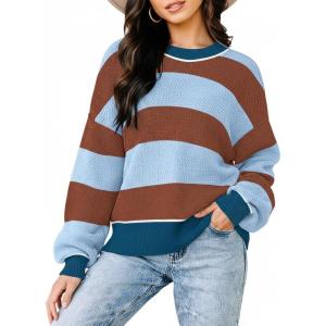 imageWomens Sweaters Fall 2025 Fashion Long Sleeve Color Block Oversized Sweater Trendy Casual Crew Neck Knitted Tops PulloverColor Caramel