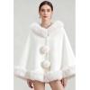 imageCHICWISH Women Faux Fur Trimmed PomPom Poncho Winter Casual Soft Chunky Batwing Sleeve Shawl Wraps Cloak Cape Coat White