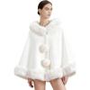 imageCHICWISH Women Faux Fur Trimmed PomPom Poncho Winter Casual Soft Chunky Batwing Sleeve Shawl Wraps Cloak Cape Coat White