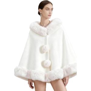 imageCHICWISH Women Faux Fur Trimmed PomPom Poncho Winter Casual Soft Chunky Batwing Sleeve Shawl Wraps Cloak Cape Coat White