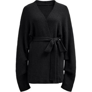 imageCHICWISH Women Waffle Knit Cardigan Casual Oversized Open Front Long Sleeve Belted Sweaters Outerwear CoatsBlack
