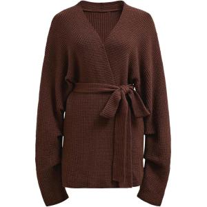 imageCHICWISH Women Waffle Knit Cardigan Casual Oversized Open Front Long Sleeve Belted Sweaters Outerwear CoatsChocolate