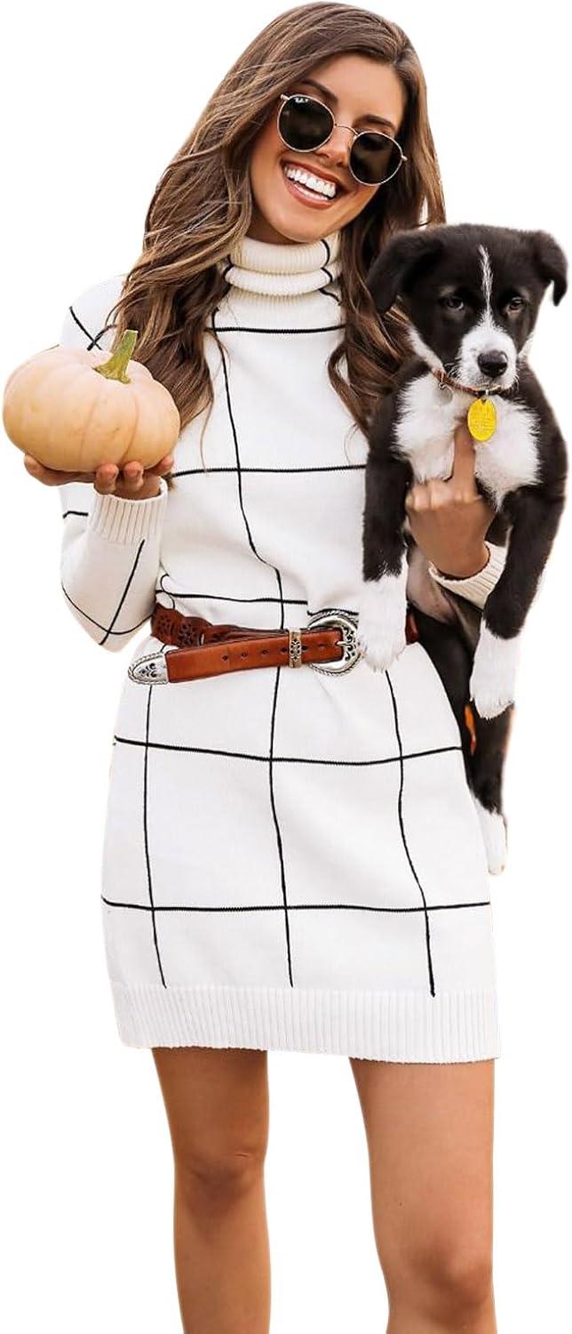 imageCHICWISH Womens Classy Light Tan Open Front Knit Coat and Grid Turtleneck Sweater Dress Size XXL