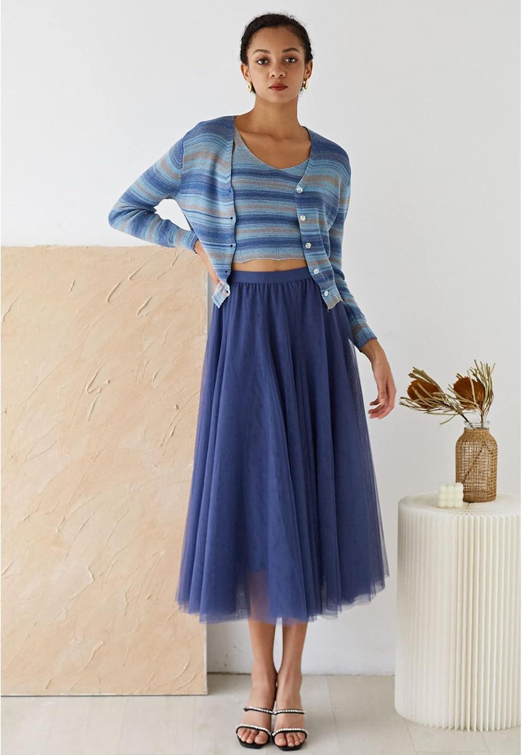 imageCHICWISH Womens LilacCreamGreyPinkBlack Layered Mesh Ballet Prom Party Tulle Tutu ALine Maxi SkirtDusty Blue