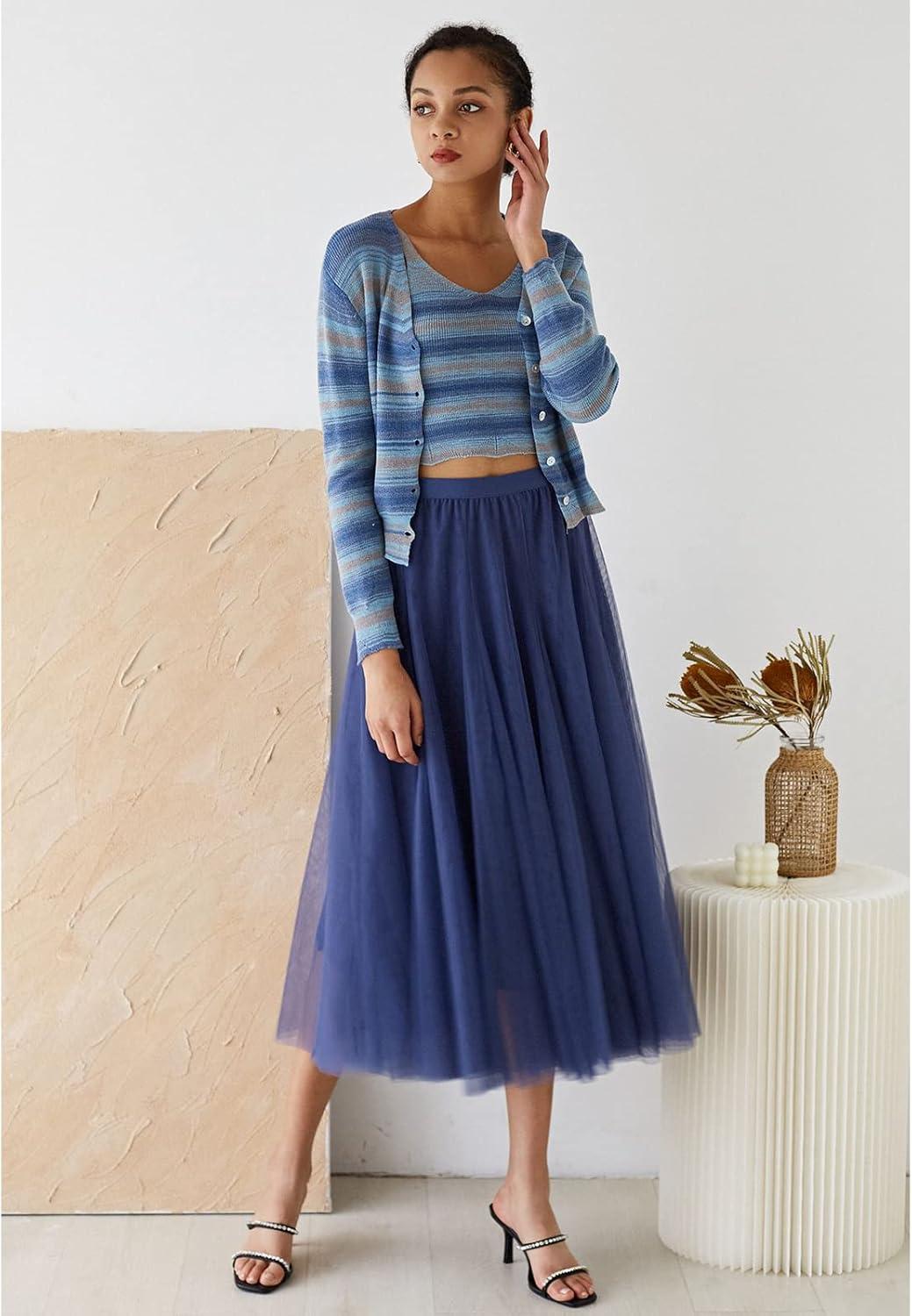 imageCHICWISH Womens LilacCreamGreyPinkBlack Layered Mesh Ballet Prom Party Tulle Tutu ALine Maxi SkirtDusty Blue