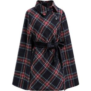 imageCHICWISH Women Plaid Cape Coat Winter Collared Button Wrap Tie Sash Christmas Party Tartan Poncho Jackets with PocketsBlack