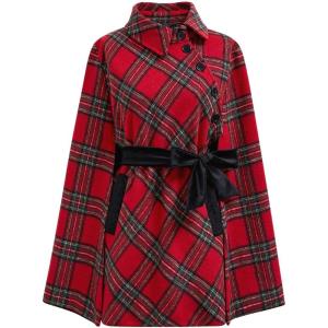 imageCHICWISH Women Plaid Cape Coat Winter Collared Button Wrap Tie Sash Christmas Party Tartan Poncho Jackets with PocketsRed