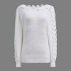 imageCHICWISH Women Lace Trim Fuzzy Knit Sweater Fall Casual Crewneck Crochet Lace Long Sleeve Soft Pullover Sweaters TopsWhite