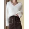 imageCHICWISH Women Soft Fuzzy Sweater V Neck Long Sleeve Slouchy Fluffy Pullover Top Holiday Party Casual Knit SweaterWhite