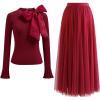 imageCHICWISH Women Bow Tied Slim Fitted Elegant Long Sleeve Knit Top and Layered Mesh ALine Maxi Skirt XXLXXXL