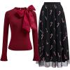 imageCHICWISH Women Christmas Mesh Tulle Midi Skirt and Bow Tied Long Sleeve Knit Top Mock Neck Slim Fitted Elegant Blouses Top LXL