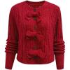 imageCHICWISH Women Hollow Out Cable Knit Cardigan Bowknot Button Up Crewneck Long Sleeve Casual Sweater Cardigan CoatsRed
