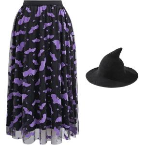 imageCHICWISH Women Black Tulle Tutu Skirt Velvet Bats Elastic Waist Halloween Party Layered Mesh Midi Skirt and Black Hat Halloween Costume Skirt Size LXL