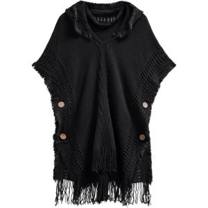 imageCHICWISH Women Diamond Pattern Fringe Hooded Poncho Shawl Casual Lightweight Button Decor Knit Pullover Sweater CapeBlack