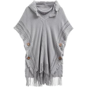 imageCHICWISH Women Diamond Pattern Fringe Hooded Poncho Shawl Casual Lightweight Button Decor Knit Pullover Sweater CapeGrey