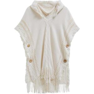 imageCHICWISH Women Diamond Pattern Fringe Hooded Poncho Shawl Casual Lightweight Button Decor Knit Pullover Sweater CapeIvory