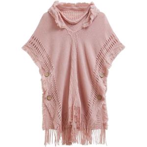 imageCHICWISH Women Diamond Pattern Fringe Hooded Poncho Shawl Casual Lightweight Button Decor Knit Pullover Sweater CapePink