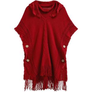 imageCHICWISH Women Diamond Pattern Fringe Hooded Poncho Shawl Casual Lightweight Button Decor Knit Pullover Sweater CapeRed