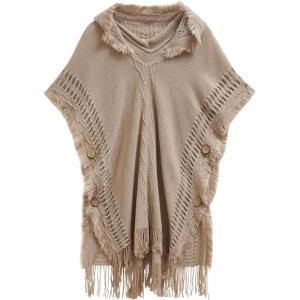 imageCHICWISH Women Diamond Pattern Fringe Hooded Poncho Shawl Casual Lightweight Button Decor Knit Pullover Sweater CapeSand