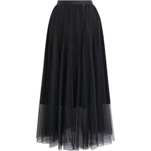 imageCHICWISH Women Glitter Mesh Tulle Midi Skirt ALine High Waist Flowy Holiday Party Casual Sparkly Shimmer Fairy SkirtBlack
