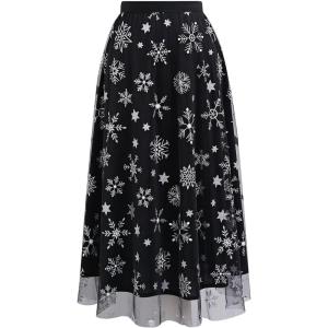 imageCHICWISH Women Glitter Star Snowflake Print Tulle Skirts High Waist ALine Mesh Layered Fairy Christmas Midi SkirtsBlack