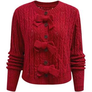 imageCHICWISH Women Hollow Out Cable Knit Cardigan Bowknot Button Up Crewneck Long Sleeve Casual Sweater Cardigan CoatsRed