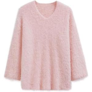 imageCHICWISH Women Soft Fuzzy Sweater V Neck Long Sleeve Slouchy Fluffy Pullover Top Holiday Party Casual Knit SweaterLight Pink