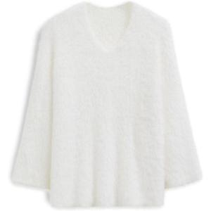 imageCHICWISH Women Soft Fuzzy Sweater V Neck Long Sleeve Slouchy Fluffy Pullover Top Holiday Party Casual Knit SweaterWhite