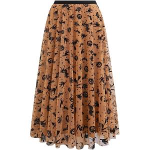 imageCHICWISH Women Witches and Bats Pattern Tulle Tutu Skirt Elastic Waist Halloween Party Layered Mesh Maxi SkirtPumpkin