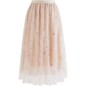 imageCHICWISH Womens BlackApricot Sequined Embroidered Paisley Mesh Midi SkirtApricot