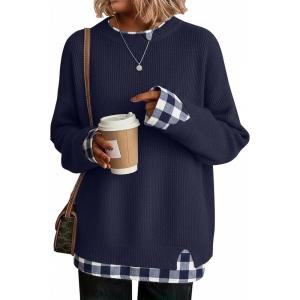 imageDisamer Womens Sweaters Fall Clothes Fashion 2025 Cowboy Chic Knit Cozy Sweater School Teacher Outfits Long Sleeve PulloverPlaid Navy