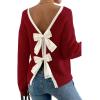imageCHICWISH Women Bow Open Back Ribbed Knit Sweater Long Sleeve Crewneck Sexy Casual Holiday Party Backless Tie Sweater TopsRed