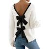 imageCHICWISH Women Bow Open Back Ribbed Knit Sweater Long Sleeve Crewneck Sexy Casual Holiday Party Backless Tie Sweater TopsWhite